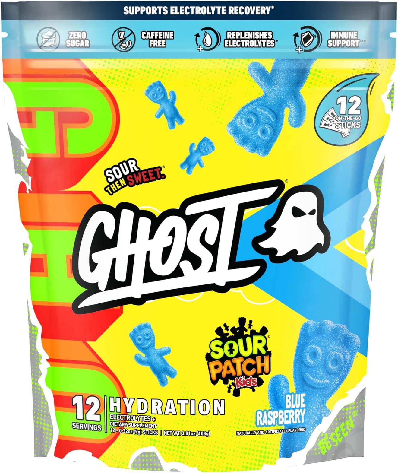 Hydration Packets, Sour Patch Kids Blue Raspberry, 12 Sticks, Electrolyte Powder - Drink Mix Supplement with Magnesium, Potassium, Calcium, Vitamin C - Vegan, Free of Soy, Sugar & Gluten