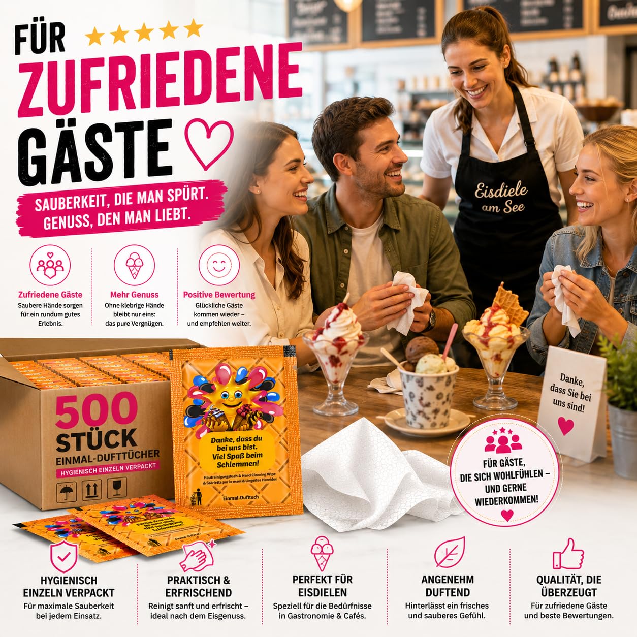 500 Stk Erfrischungstücher einzeln verpackt – Feuchttücher für Gastronomie, Restaurant, Pizza & Fingerfood – Catering Handreinigungstücher Großpackung – Islak Mendil (EisZauber)