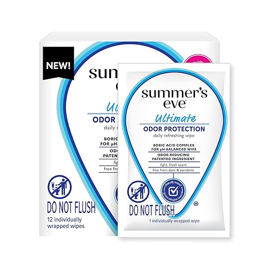 Summer's Eve Ultimate Odor Protection Daily Feminine Wipes, Gentle pH-Balanced Formula with Boric Acid Cleanses & Removes Vaginal Odor, Individually Wrapped Body Wipes, 12 Count
