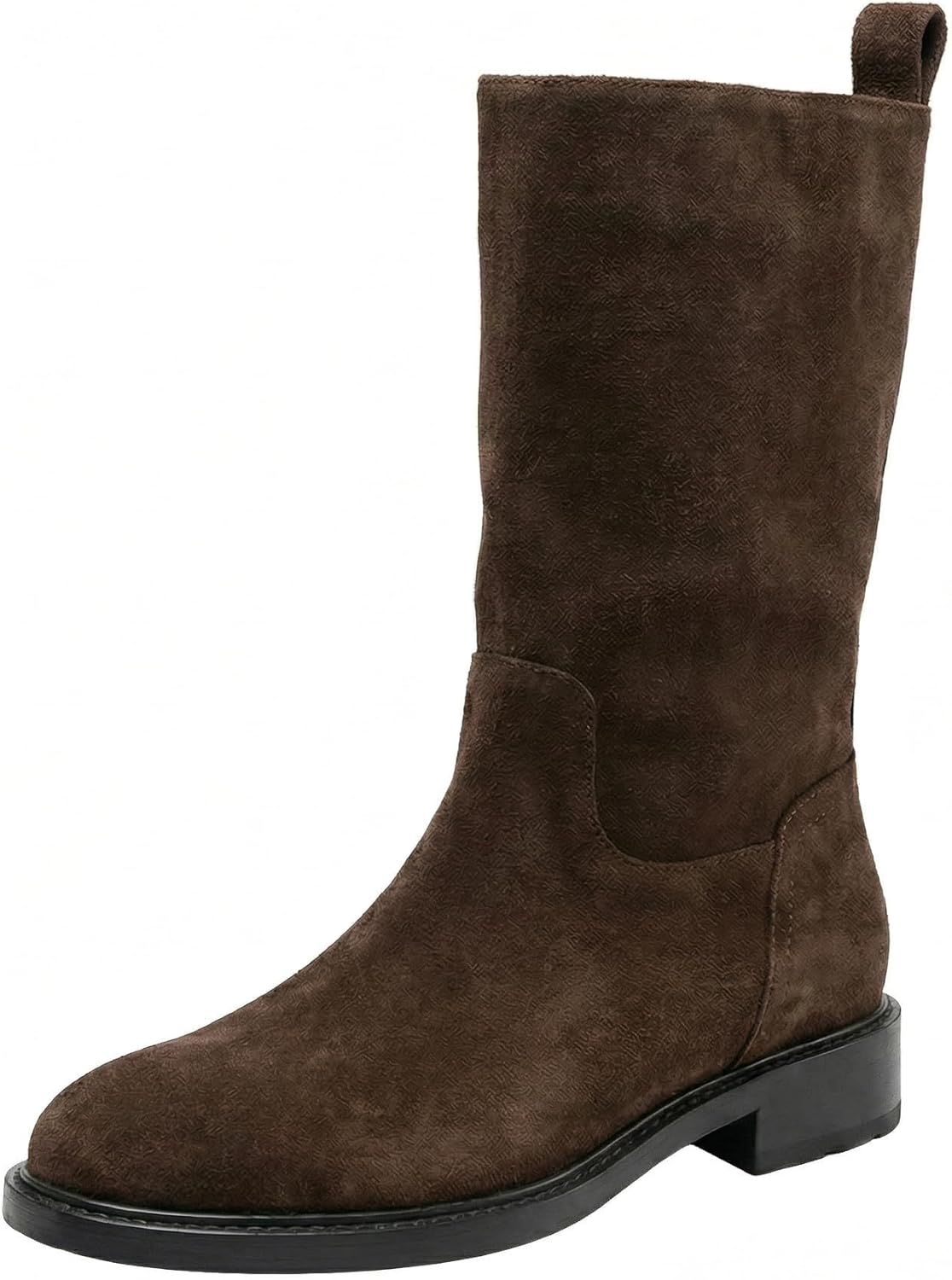 Women's Mid-Calf Chelsea Boots Low Heel Round Toe Black Brown Genuine Leather Slip On Ankle Boots Elastic Gore Casual Boots US Size