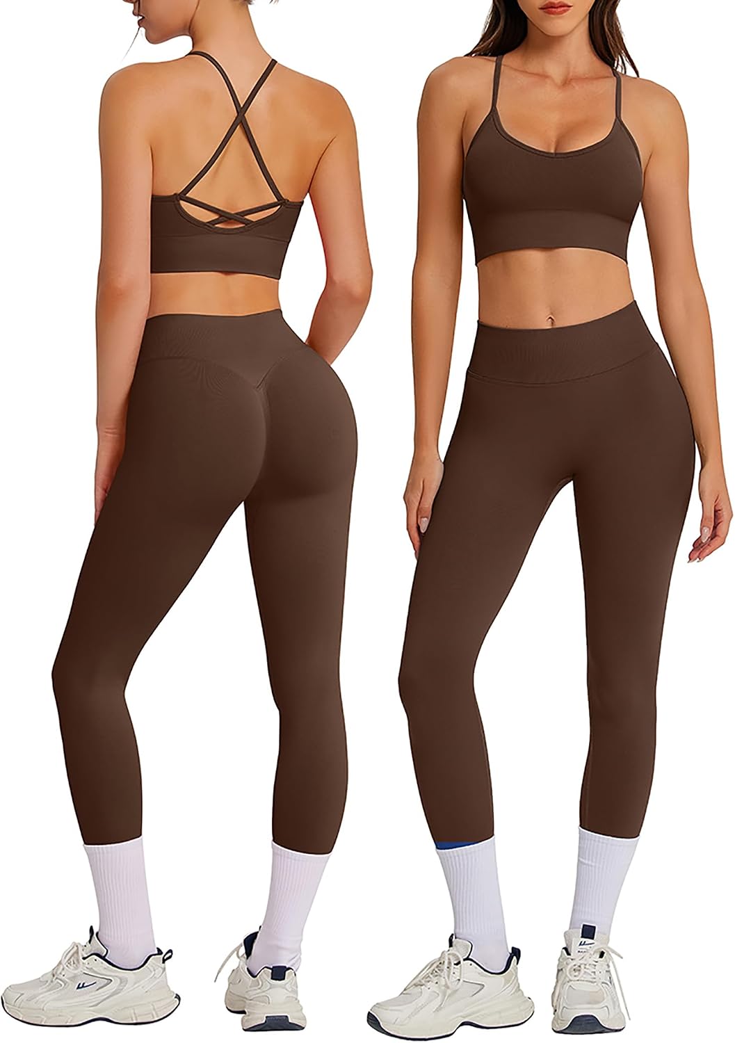 OMKAGI Padded Workout Sets for Women Cross Back Tank Gym Leggings Outfits | Open Back Workout Tops Matching 2 Piece Workout Sets, Sexy Scrunch Butt Leggings Gym Outfits, Cute Ribbed Seamless Gym Sets