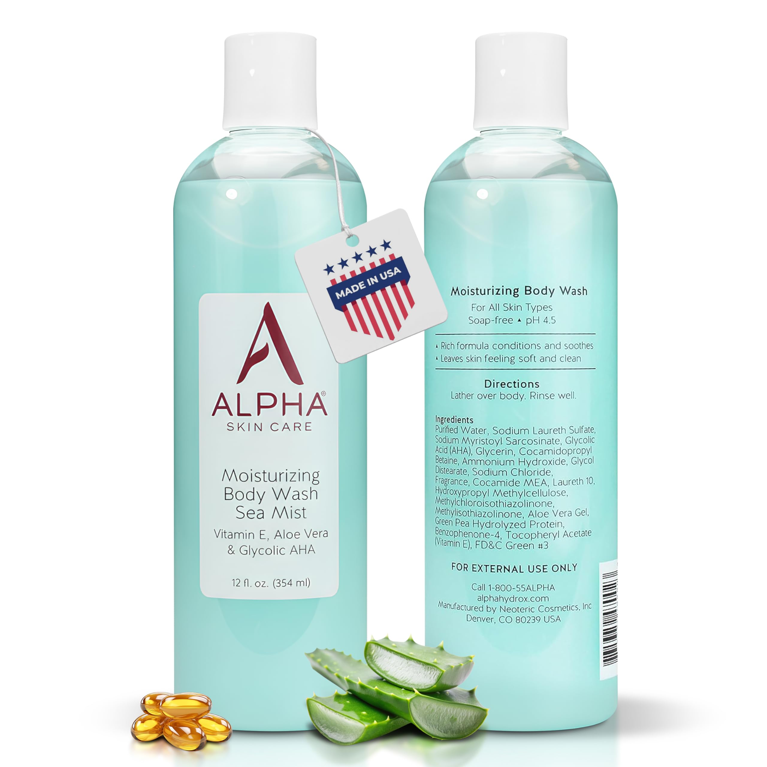 Alpha Skin Care Moisturizing Body Wash, Gentle Soap-Free Anti-Aging Formula, Glycolic AHA, Vitamin E & Aloe Vera, Conditions & Soothes, All Skin Types Hydroxy Acid, 12 Oz