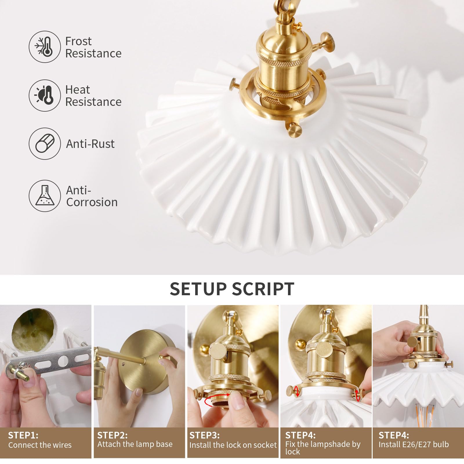 Shenmoyl Vintage Modern 1 Light Wall Sconces with White Pleated Ceramic Lampshade 180 Degree Adjustable Brass Sconces Wall Lighting Fixture with Switch for Bedside Bedroom Doorway