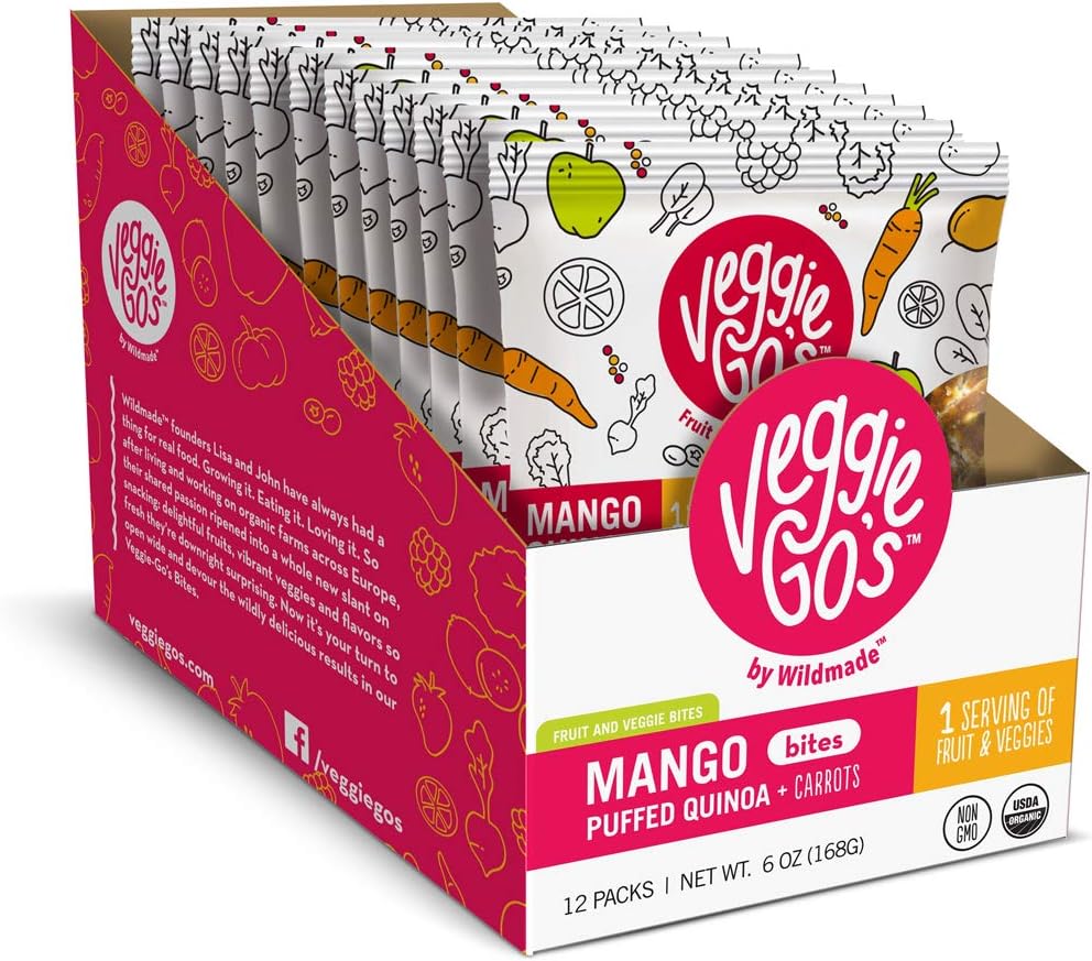Wildmade Veggie Go's Fruit and Veggie Bites (Mango, Quinoa + Carrots) Organic Fruit Chews with No Added Sugar for Kids and Adults - Gluten-Free, Non-GMO, Vegan - 12 Pack