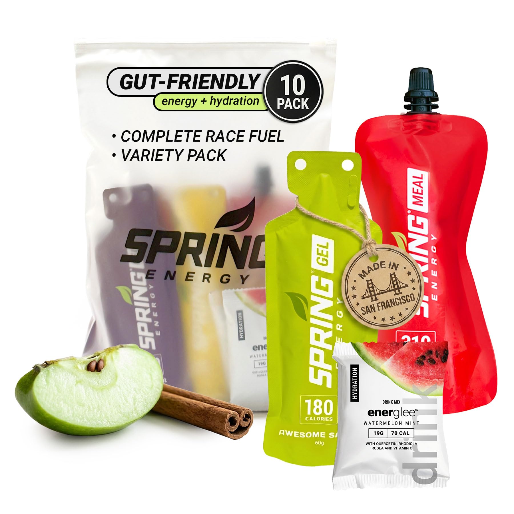 SPRING Pacote de nutrição esportiva com géis, refeição de aveia e bebidas de hidratação, 10 unidades