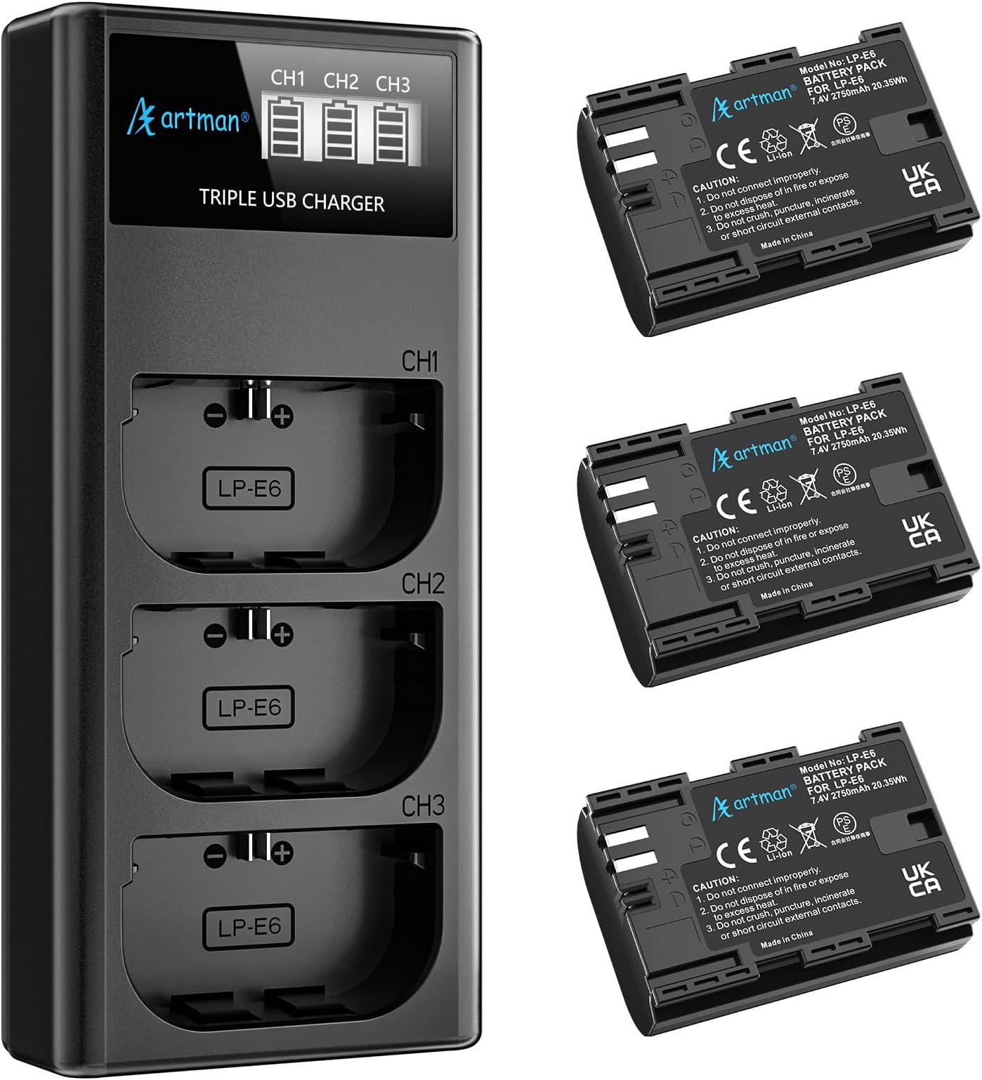 Artman LP-E6N LP-E6 Battery 3-Pack 2750mAh and 3-Slot LCD Charger for EOS R R5 R6 R7, R5 C, R6 Mark II,EOS 5D Mark II III IV,5D SR,6D Mark II 7D Mark II,6D 7D 90D 80D 70D 60D 60DA,XC10 XC15 Camera