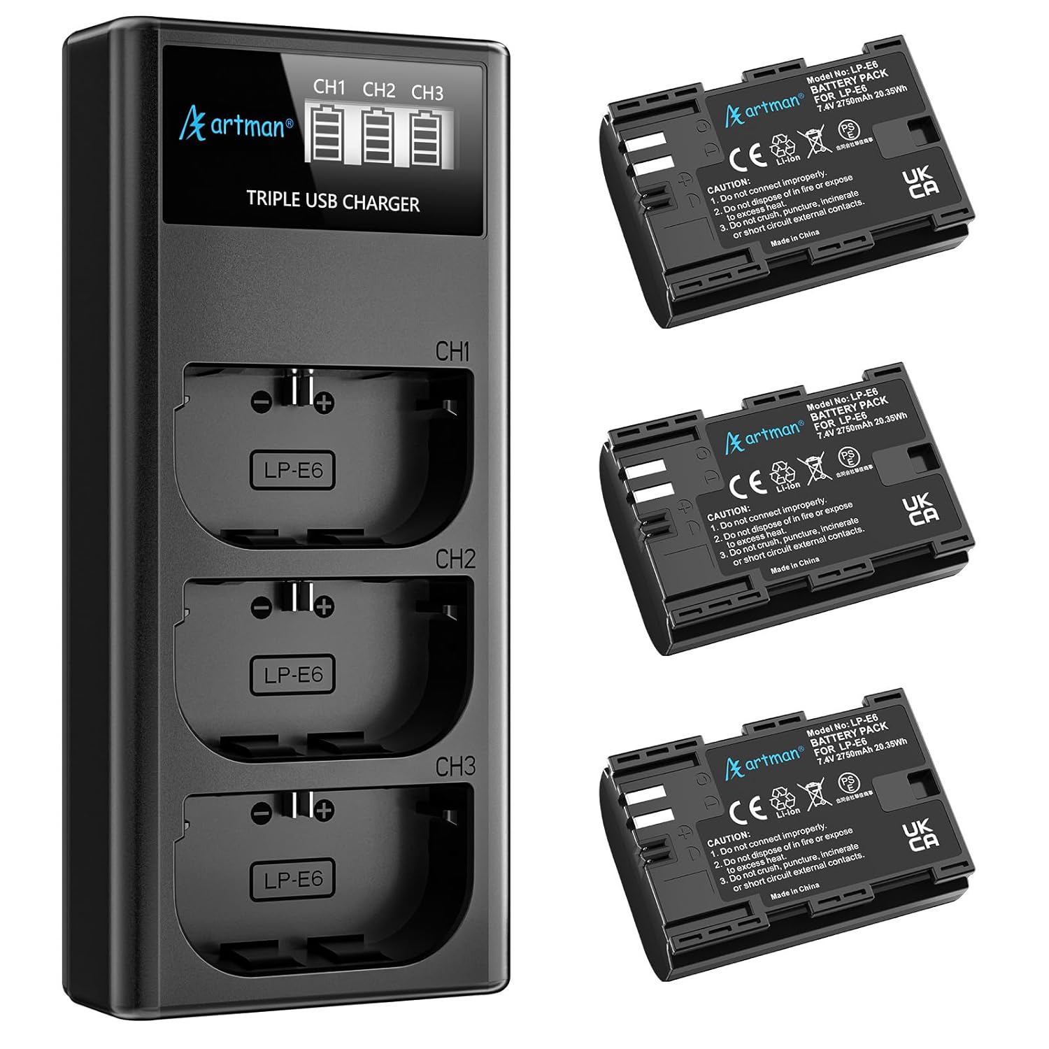 Artman 3-Pack 2750mAh LP-E6 LP-E6N Batteries and LCD Charger Compatible with Canon EOS R6 R5 R 90D 80D 70D 60D 60DA 6D 6D Mark II 5D Mark II/III/IV 5DS 5DS R 7D 7D Mark II XC15 XC10 BMPCC 4K/6K