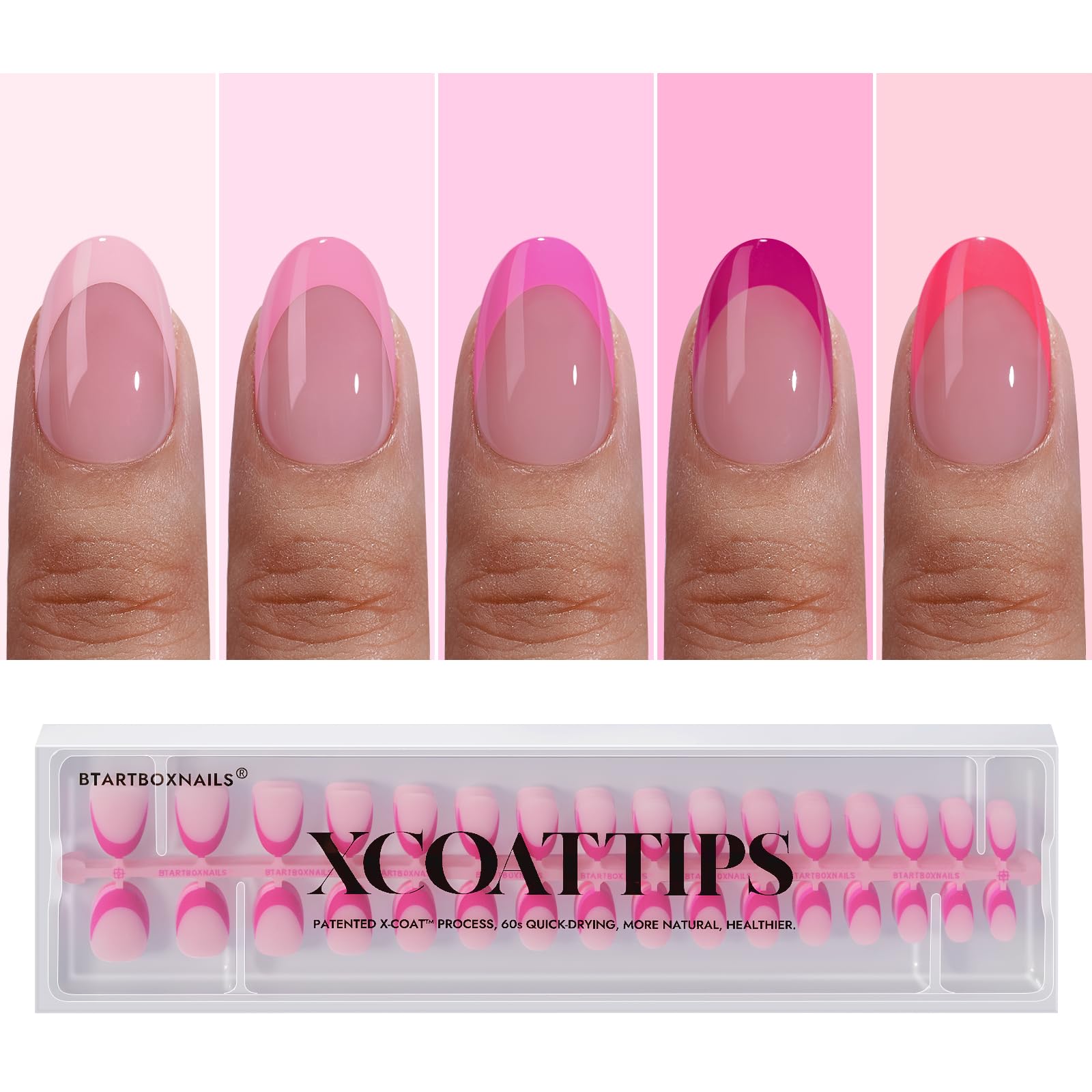 XCOATTIPS Pink French Tip Press On Nails - Extra Short Almond Press On Nails, Soft Gel Nail Tips,Soak Off Pink Acrylic Fake Nail Extension in 16 Sizes