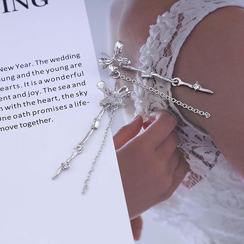 Vintage Bow Crystal Drop Earrings Silver Bar Dangle Earrings Long Crystal Bow Chain Earrings Cz Tassel Chain Earrings Jewelry for Women