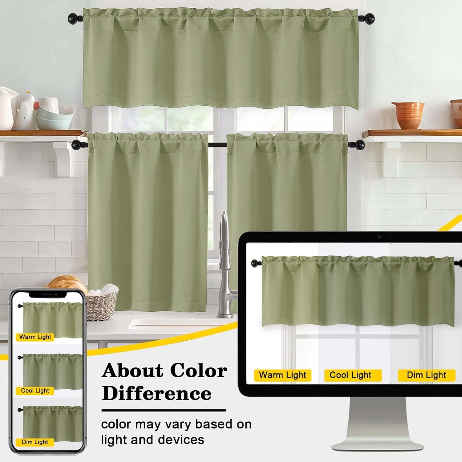 Sage Green Valances for Windows 1 Piece, Soft Solid Thermal Insulated Blackout Small Kitchen Window Curtains for Bathroom Basement Cafe, Rod Pocket, Sage Green, 60" Wx14 L - Image 6