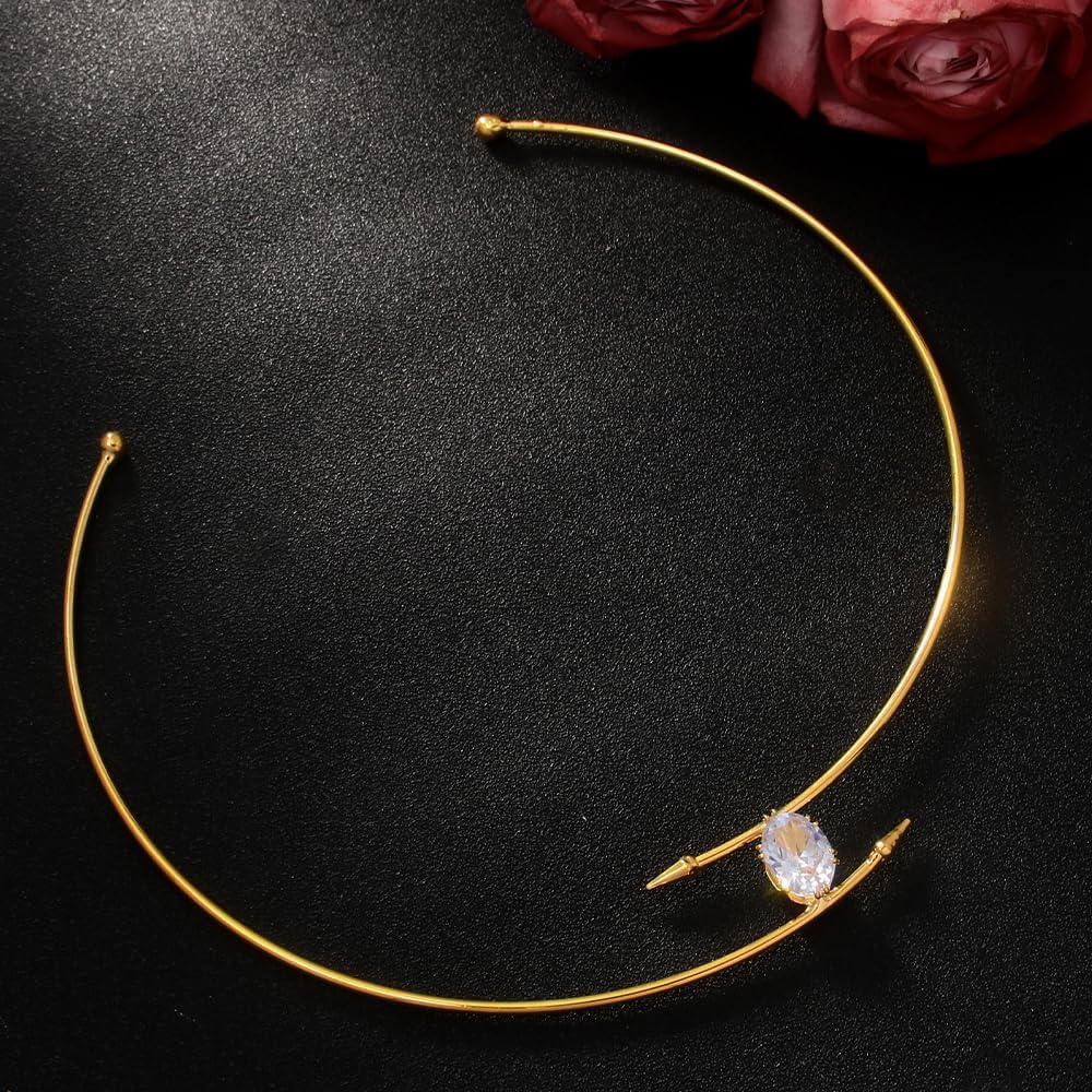 Simple Rhinestone Metal Open Collar Necklace Adjustable Gold Statement Choker Necklace For Women Elegant Jewelry