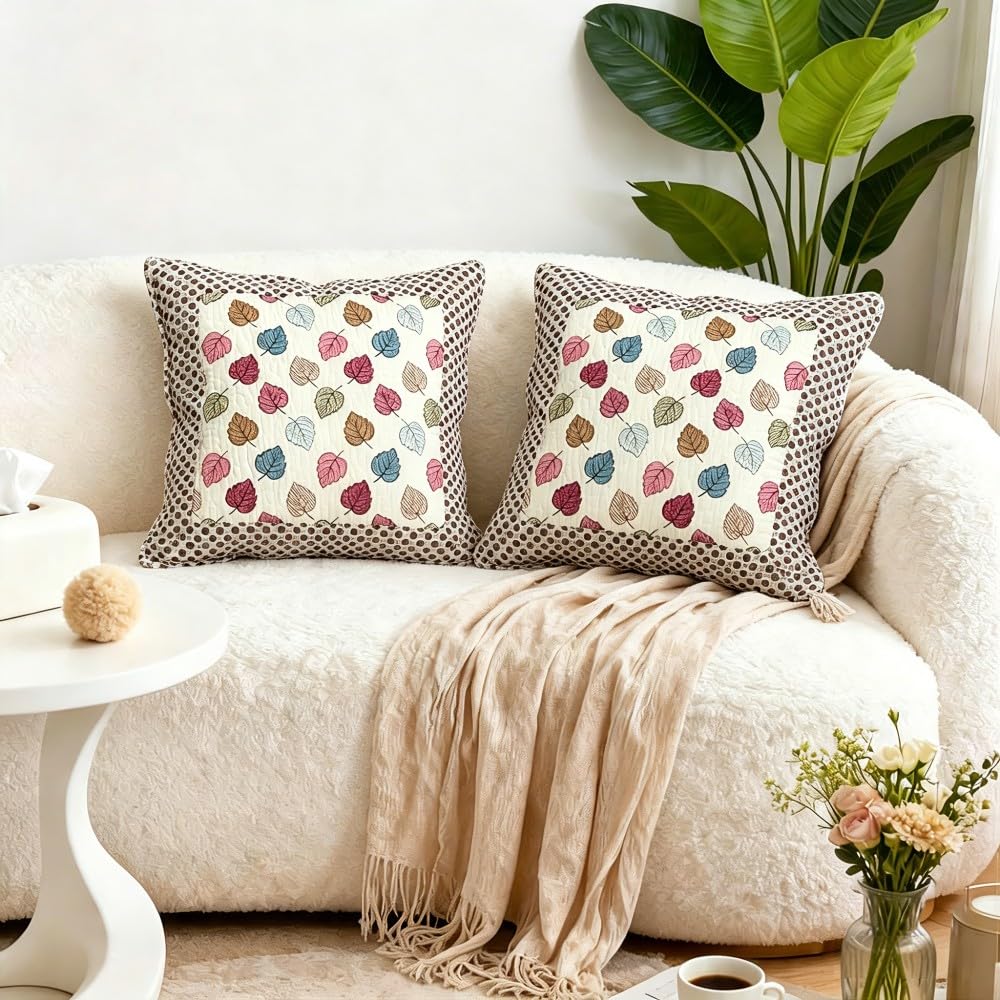 QIFONIX Vintage Patchwork Decorative Throw Pillow Cover, Floral Quilted Design with Pink Gingham Pattern, Scalloped Edge (Beige,18" x 18" (Pack of 2))