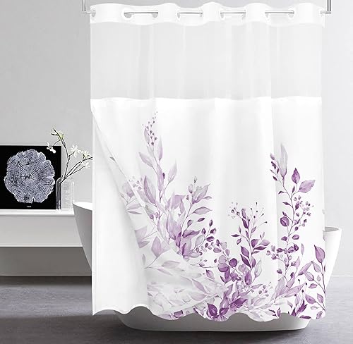 Miniatura 102 de Tititex - Juego de cortinas de ducha de hojas de eucalipto verde con cierres de presión, sin ganchos, forro interior verde, hojas de acuarela en la