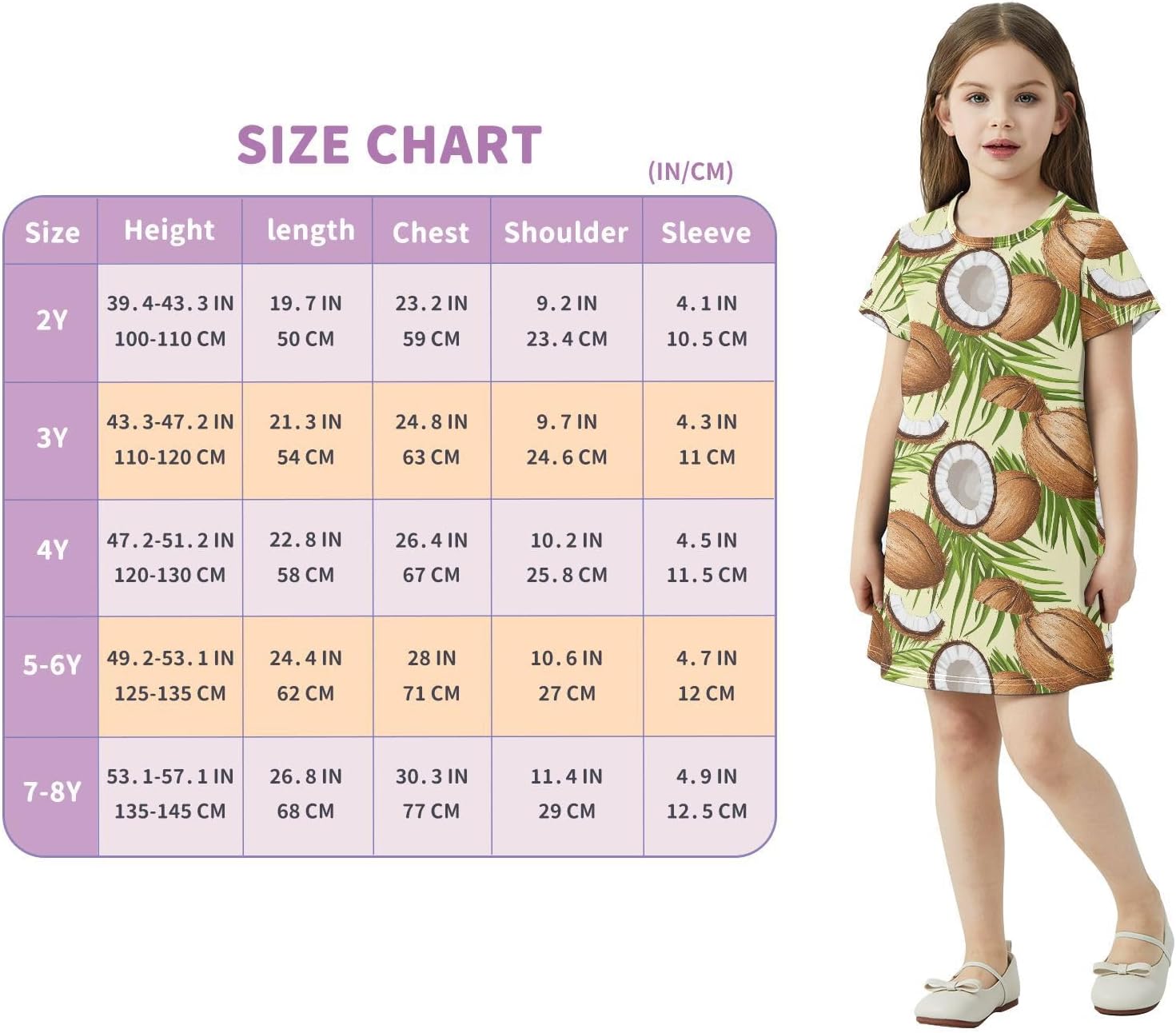 Fresh Coconut Girls Dresses Summer Dresses for Girls with Cotton Short Sleeves for Casual a Line Dress Size 2-8Y