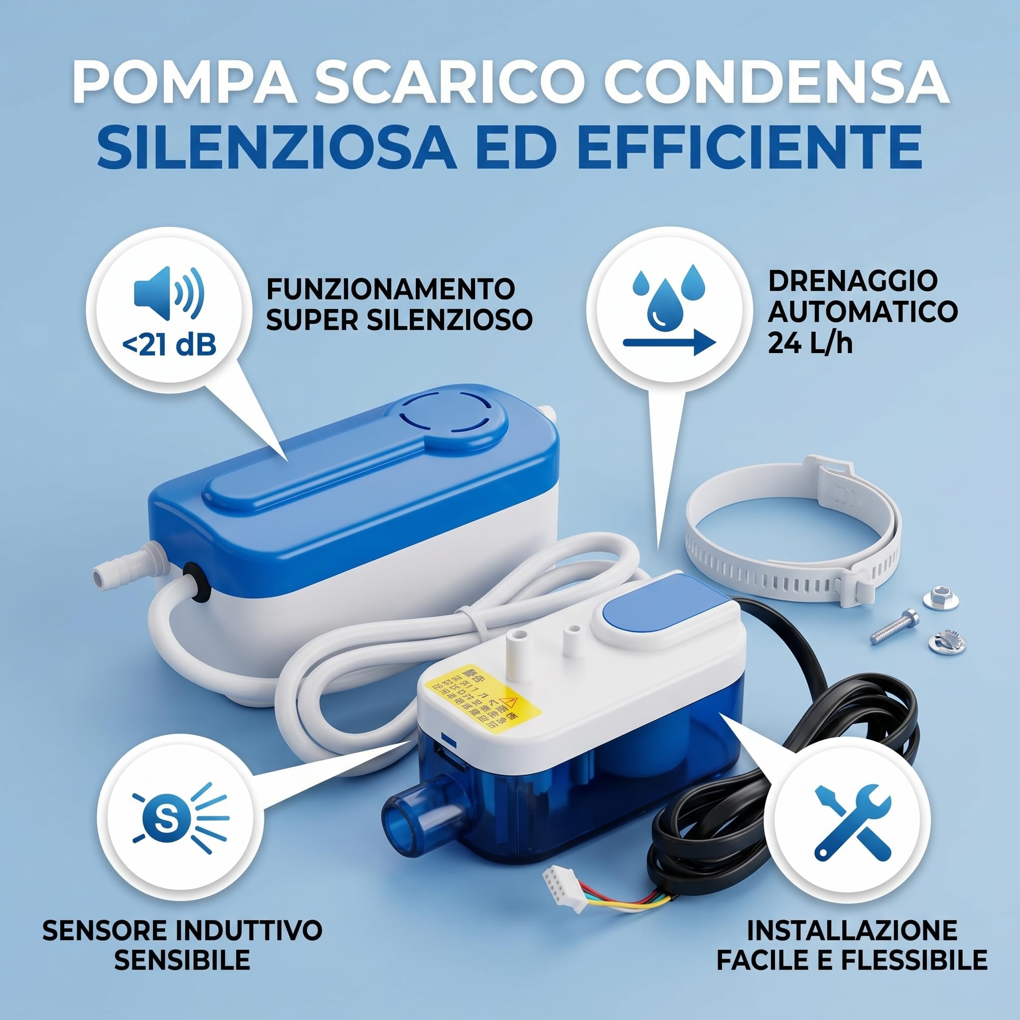 Pompa Automatica della Condensa, AC110 a 240 V, 24 L/h, 200 Ml, Pompa Silenziosa per Rimozione Condensa HAVC, Pompa di Scarico Condensa Automatica Mini Split Silenziosa per
