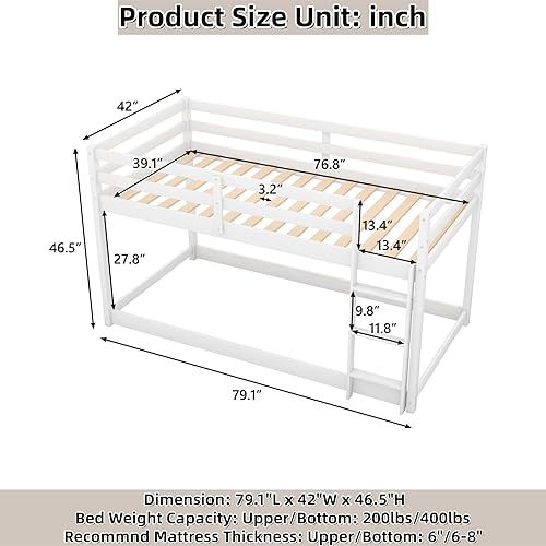 Miniatura 29 de Litera baja individual sobre individual, base de cama de madera maciza con escalera y barandillas de seguridad, literas individuales para niños y