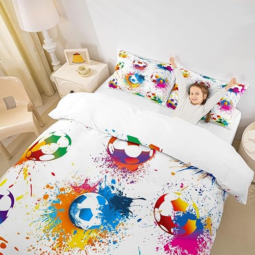 Miniatura 2 de Manfei Juego de funda de edredón de fútbol para niños, tamaño matrimonial, juego de ropa de cama colorido de fútbol de 3 piezas para decoración de