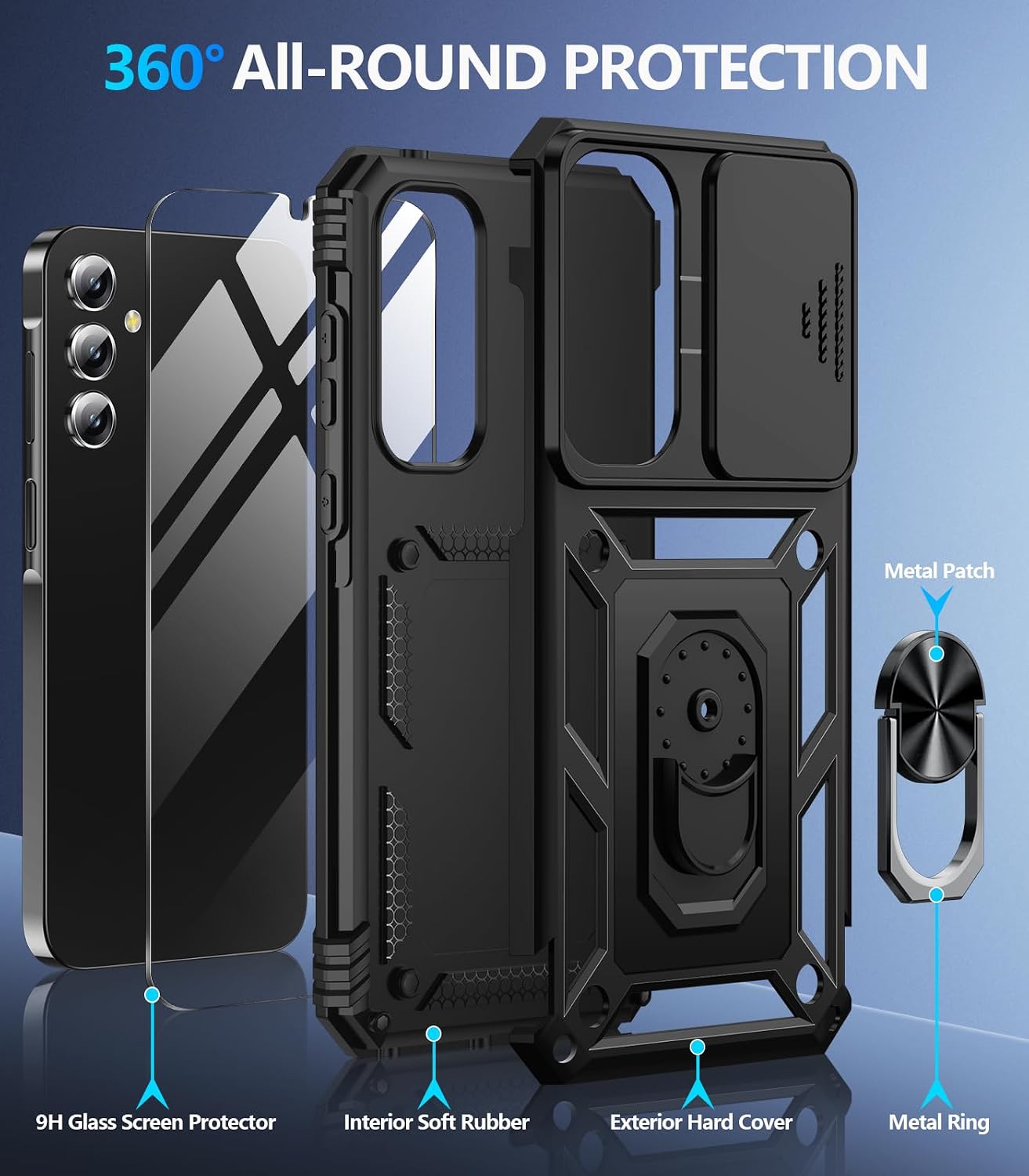 BaHaHoues for Samsung Galaxy A35 5G Case with Screen Protector & Slide Camera Lens Cover, Built-in 360Rotate Magnetic Ring Stand Shockproof Protective Phone Case for Samsung A35 5G (Black) image 2