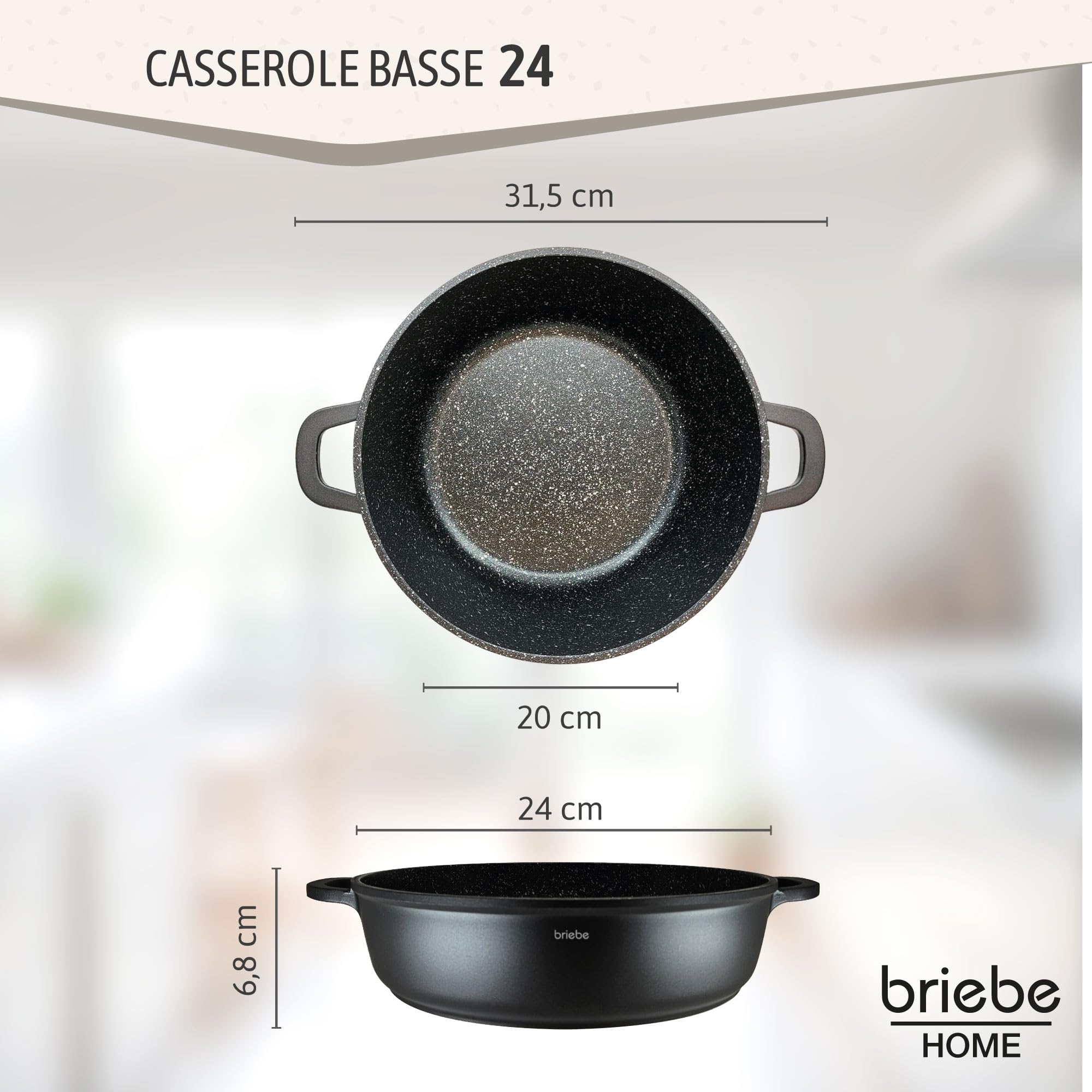 briebe Black Titanium Faitout Basse Induction Antiadhésif Titane, Casserole 24cm, Fonte d'Aluminium, Revêtement sans PFOA, Couvercle en Verre, Poignées Silicone, Vitrocéramique, Gaz, Four
