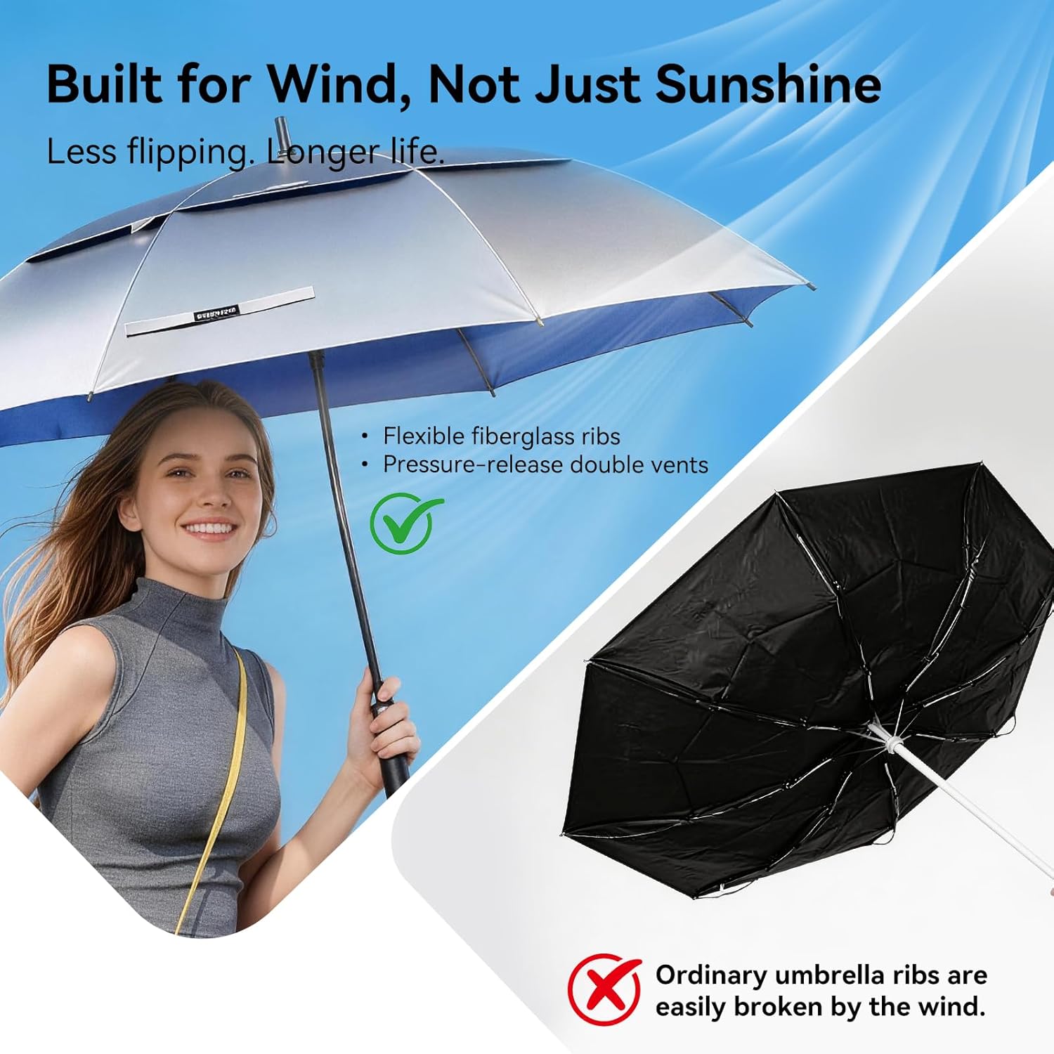 68/62/54/47 Uv Protection Golf Umbrella For Sun Protection With Large Windproof Vented Double Canopy,Push-Button Auto Open