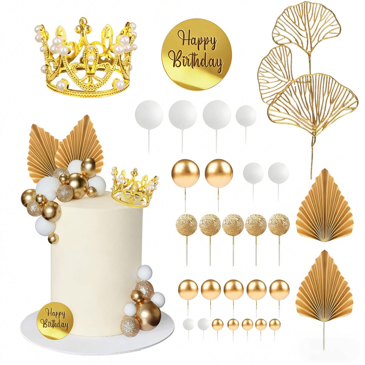 30Pcs Cake Balls Decoration, White and Gold Cake Balls Cake Toppers wuth Golden Crown, Paper Palm Leaves Fan Cake Toppers for Birthday Boho Wedding Party Anniversary Supplies