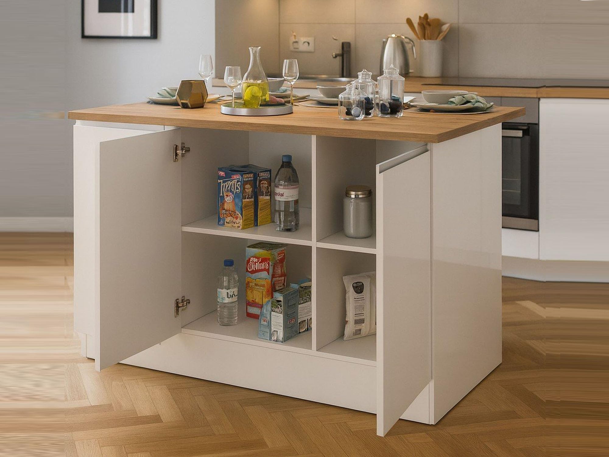 Dmora - Îlot de Cuisine Patrizio, Armoire Polyvalente, Meuble de kitchenette, Table auxiliaire, 100% Made in Italy, 155x90h90 cm, Blanc Brillant et chêne