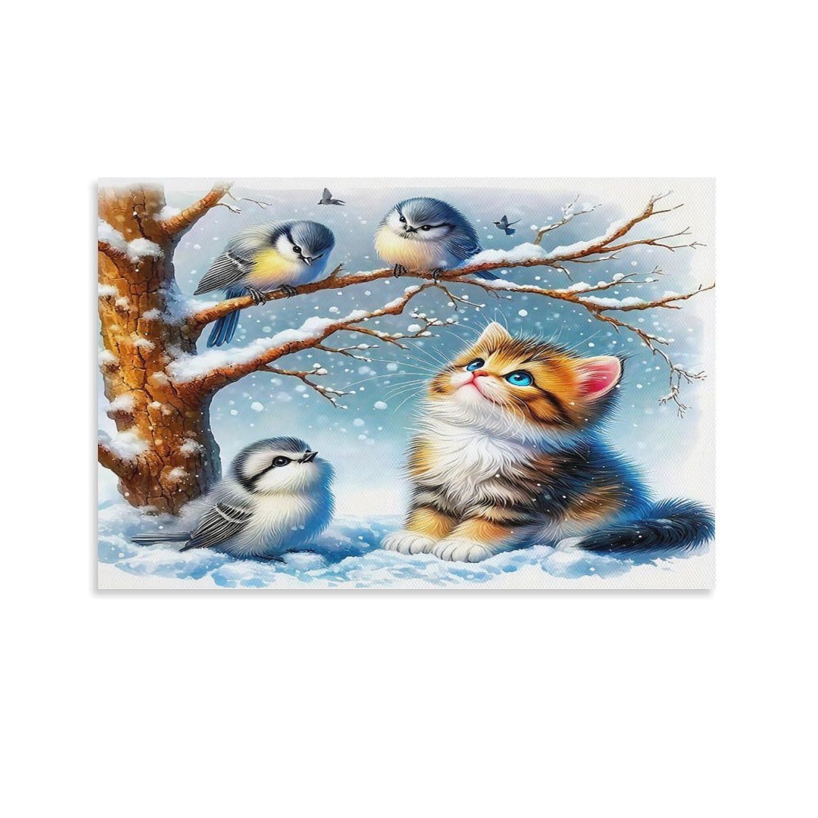 CPLVKWRQJ Sleeping Tabby Kitten on Fluffy Blanket 1 Piece Tabby Kitten Watching Winter Tree Birds Wall Artwork - Bedroom Canvas Painting Space Transformer Easy to Clean Decor 24x36inch(60x90cm)