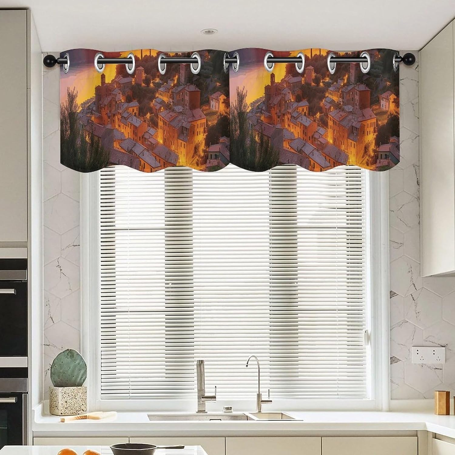 Italian Sunset Valance for Windows, 2 Pack Kitchen Curtains Modern Home Decor, Soft Blackout Window Curtains for Living Room & Bedroom, 18 X 52 Inch