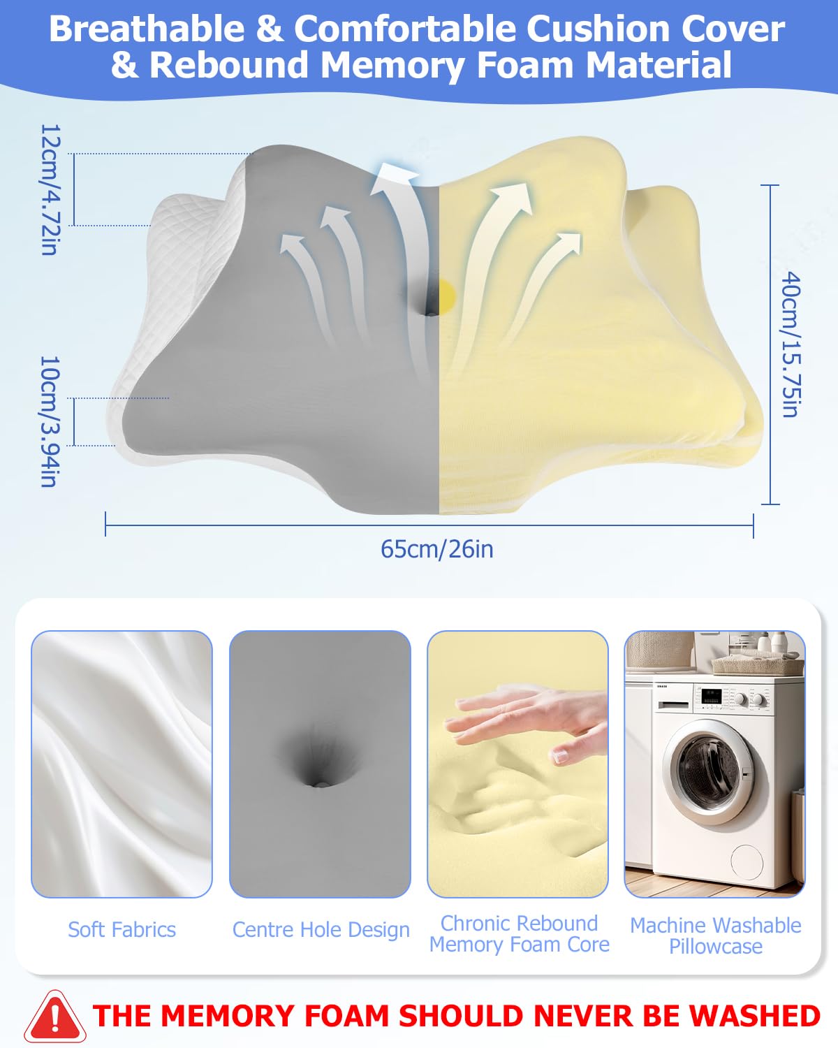 Cuscino Cervicale, 3 in 1 Cuscino Memory Foam, Cuscino Cervicale per Dormire, Cuscino Ortopedico, Cuscino Ortopedico Cervicale, Cuscino Ergonomico, per Schiena/Fianco/Stomaco, 65 x 40 x 10/12cm