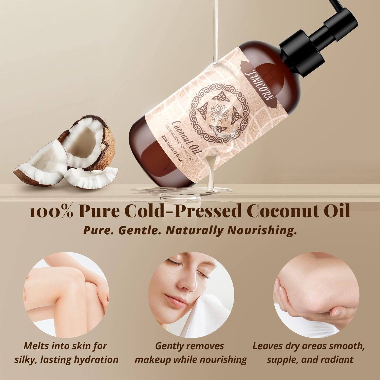 100% Pure Coconut Oil – Cold-Pressed, Virgin, Unscented Hydrating Carrier Oil for Skin & Hair, Smooth-Absorbing Moisturizing Care for Face, Body & Massage, 8 fl oz / 236 ml - Image 4