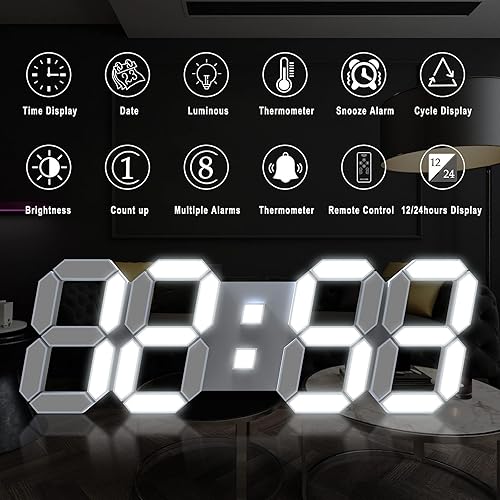 Vista 24 de EDUP HOME - Reloj despertador de escritorio digital 3D con luz Led de 9.7 pulgadas, control remoto, brillo automático y ajustable, muestra el tiempo