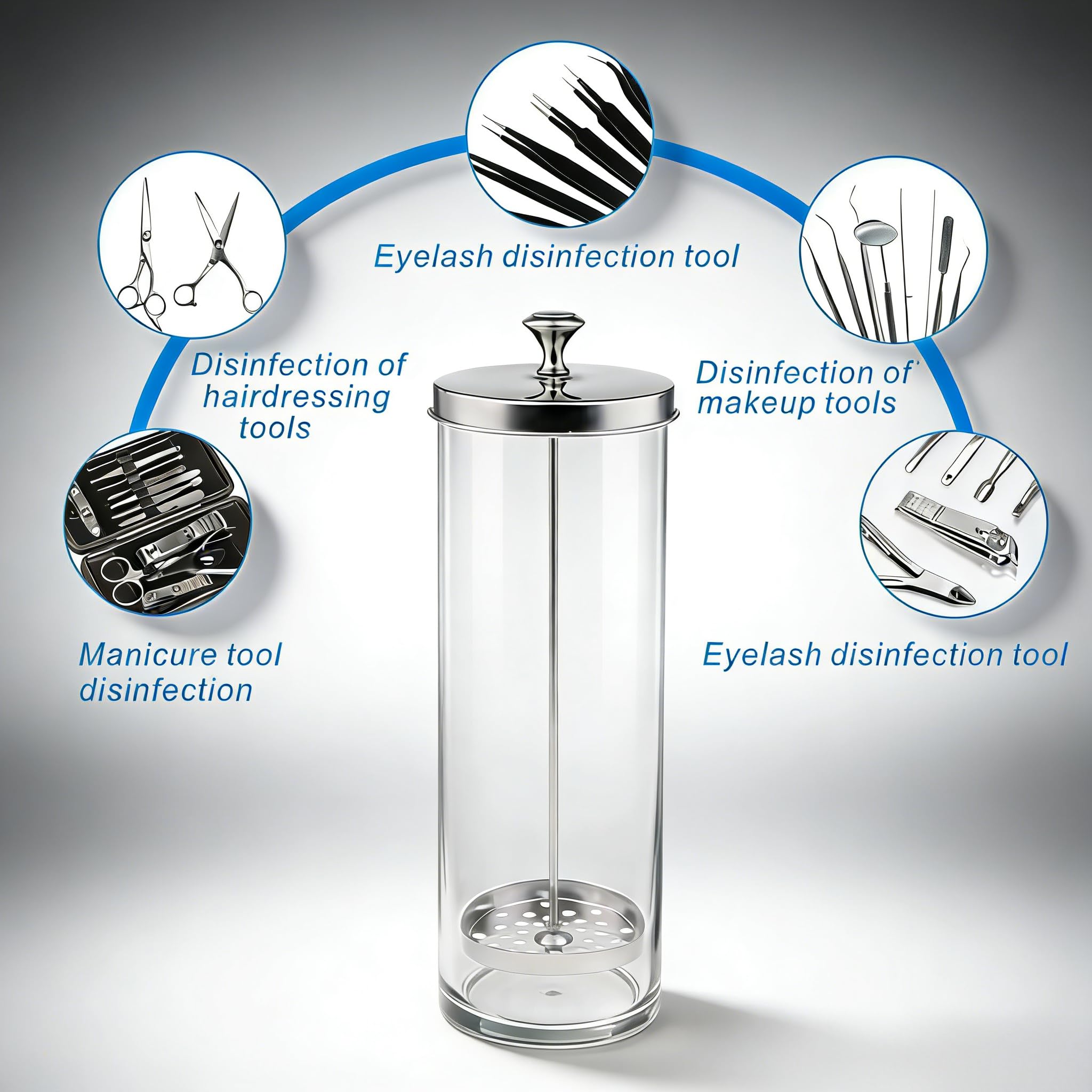 9 Zoll Desinfektionsglasbehälter (23cm), Edelstahl+Transparent Glas Sterilisation Behälter, Abtropfkorb-Design für Maniküre-Werkzeuge & Salon Hygieneverwaltung