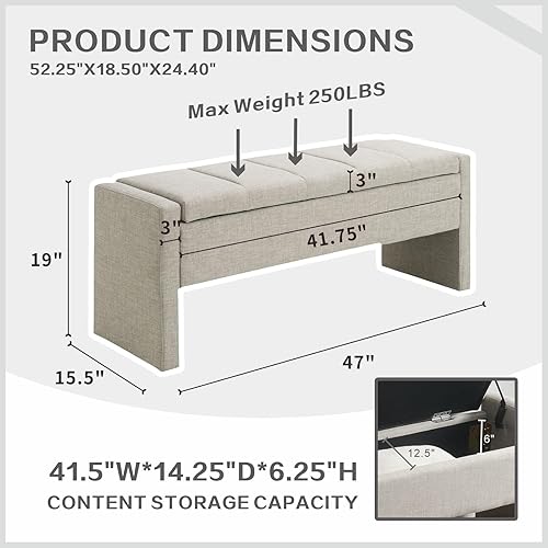 Miniatura 2 de Otomana de 47.25 pulgadas con almacenamiento, banco de almacenamiento para el extremo de la cama, banco de entrada, reposapiés multifuncional gris