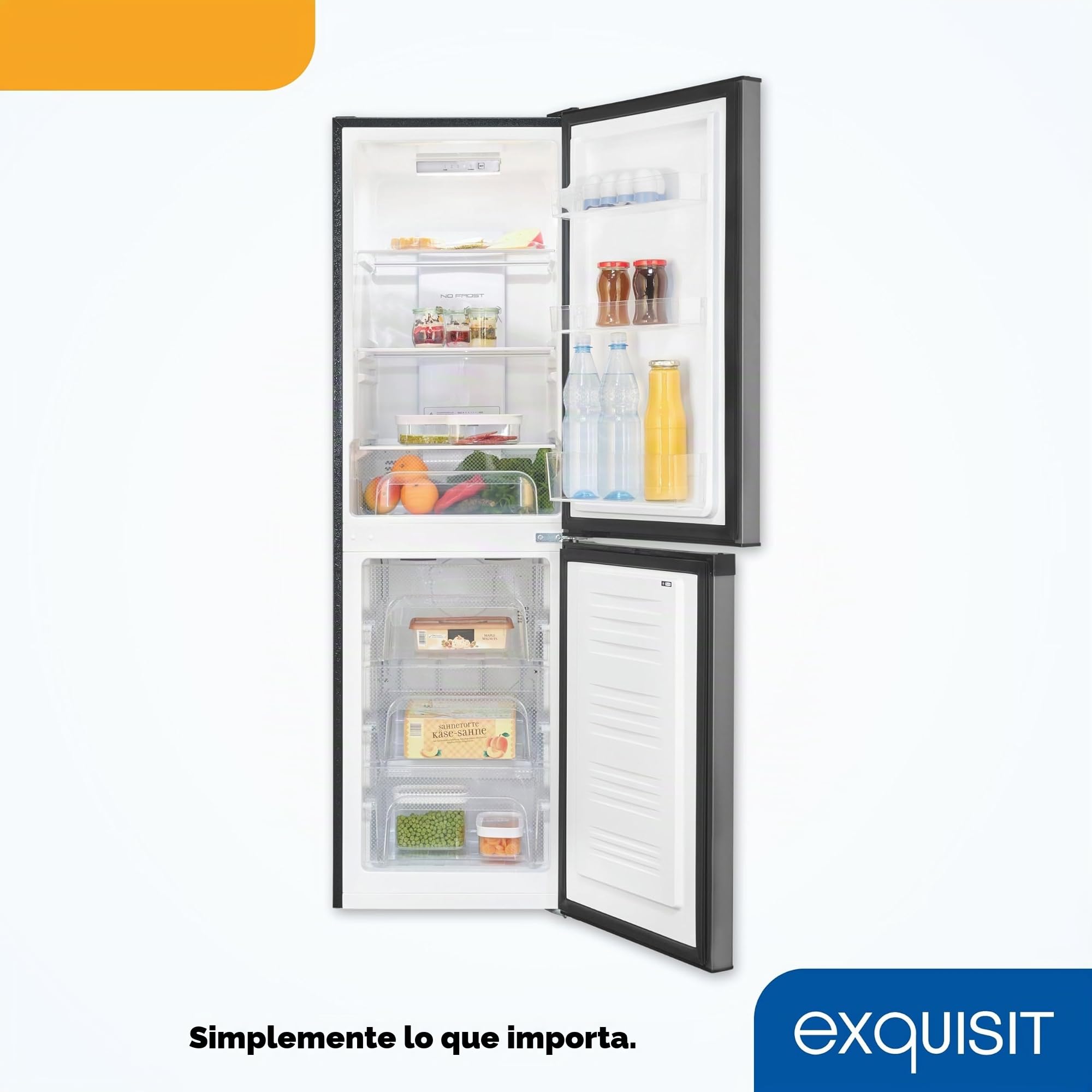Exquisit® Frigorífico Combi No Frost 193L Inoxlook Antracita Clase E | Multi Air Flow, display LED y medidas 157,5 x 48,5 x 60,0 cm. Gran capacidad y diseño moderno