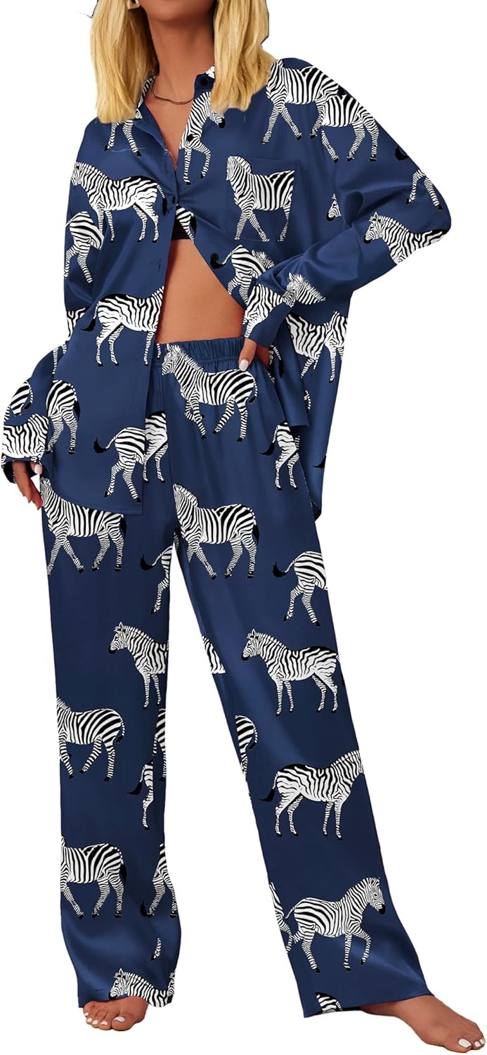 Ekouaer Womens Satin Silky Pajama Set 2 Piece Print PJs Soft Loungewear Button Down Sleepwear with Elastic Waist Long Pants