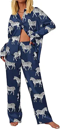 Ekouaer Womens Satin Silky Pajama Set 2 Piece Print PJs Soft Loungewear Button Down Sleepwear with Elastic Waist Long Pants