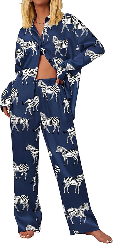 Ekouaer Womens Satin Silky Pajama Set 2 Piece Print PJs Soft Loungewear Button Down Sleepwear with Elastic Waist Long Pants