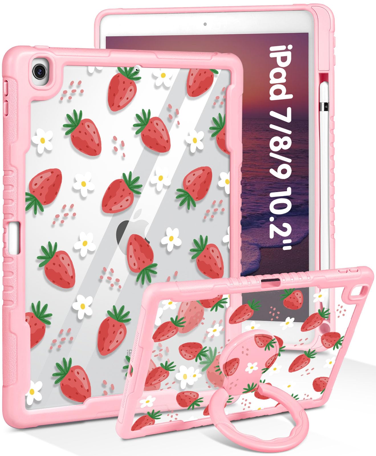 Uppuppy for iPad 9th/8th/7th Generation Case, for iPad Air 3/ Pro 10.5 2017 - Women Girls Cute with Pencil Holder&Stand Clear Cover Strawberry Design