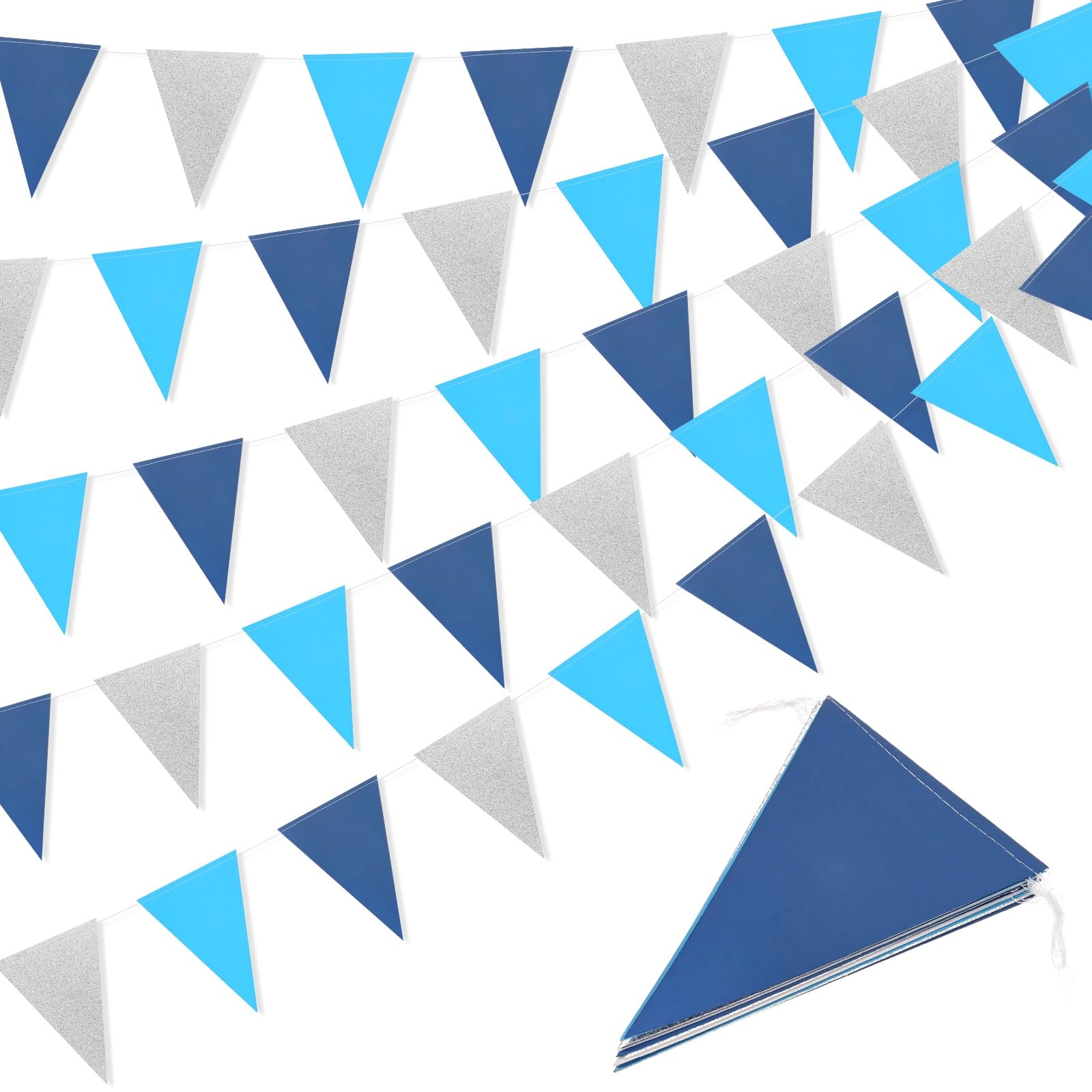 M METERXITY 18M/59FT Triangle Pennant Banner Flag Metallic Paper Bunting Party Decoration Triangle Flags for Christmas/Graduation/Wedding/Birthday Lake Blue,Dark Blue,Silver