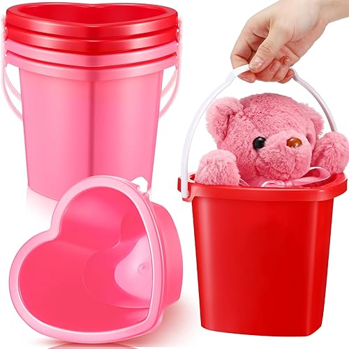 Sratte Paquete de 6 cubos de arena en forma de corazón, cubos de playa rojos y rosados con asas, cubos de arena de corazón de plástico, juguetes de