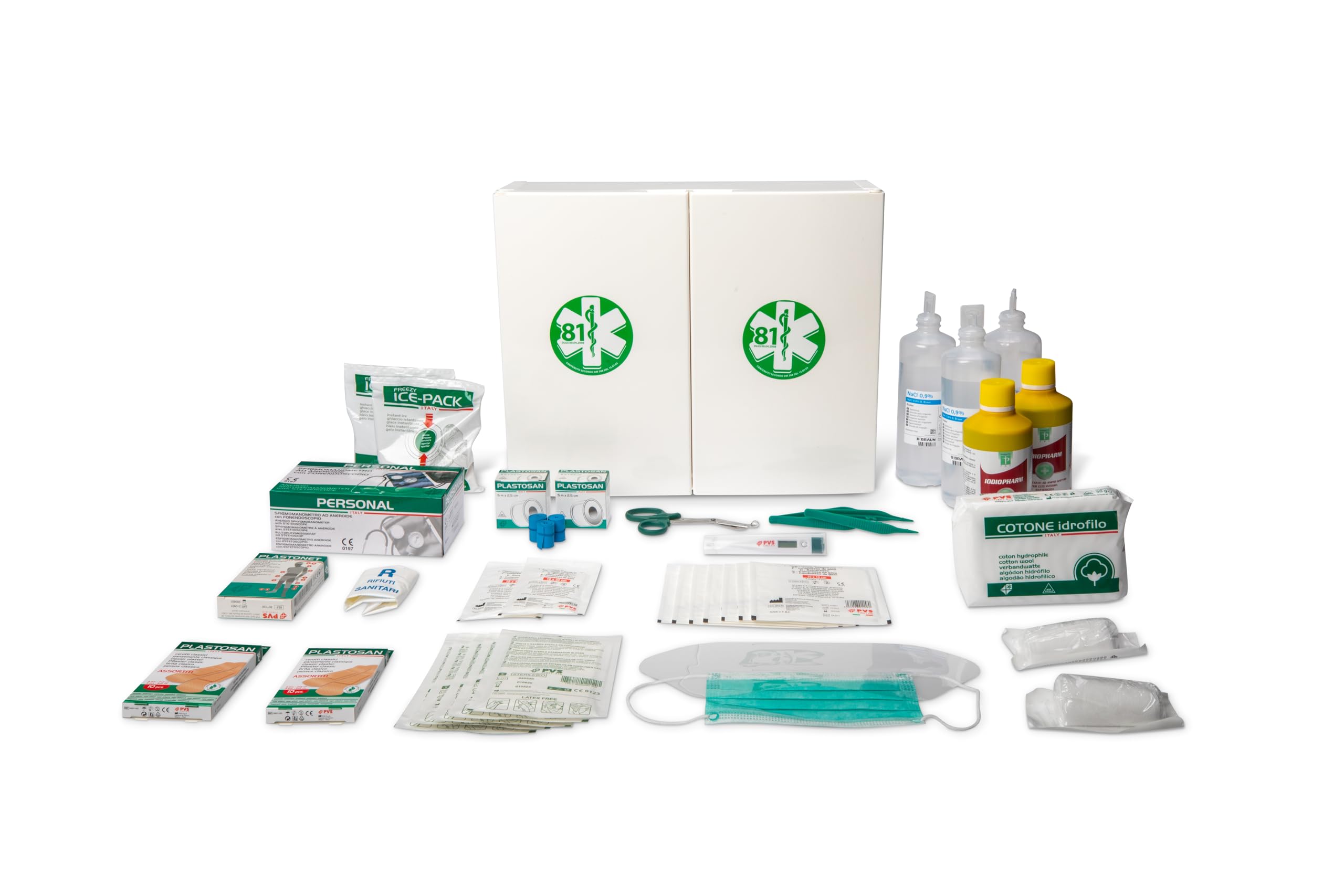 p age Armadietto di Pronto Soccorso in plastica bianco, 2 ante, 2 ripiani interni. ALL. 1 DA 3 LAVORATORI 450x375x130H mm