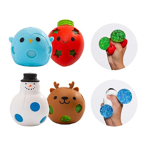 Christmas Tinsel Gel Squeezer Stress Balls (4 Pack Snowman, Lightbulb,