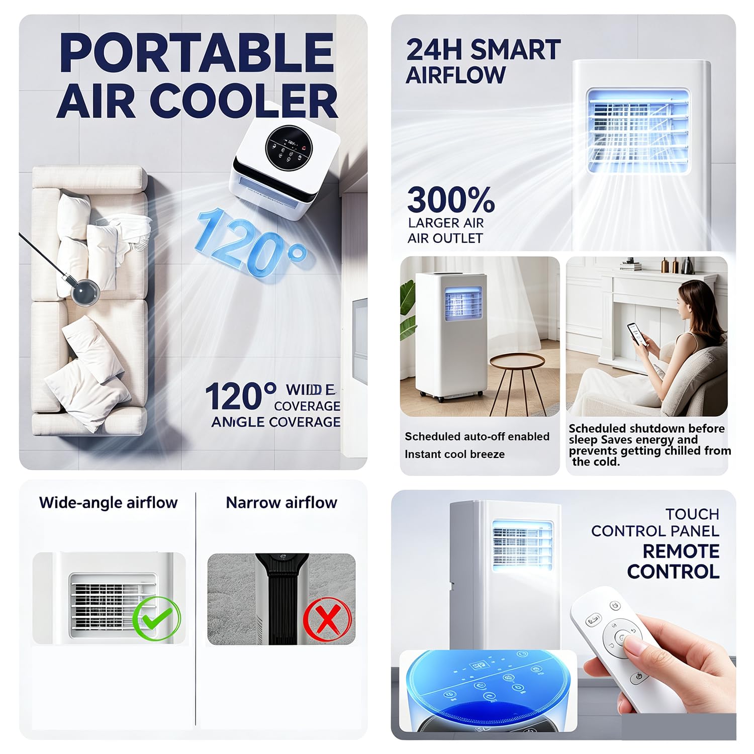 Climatiseur Portable combinant Refroidissement, Chauffage, déshumidification et Ventilation. Équipé d'une minuterie de 24 Heures, de Fonction d'oscillation à 120° 14000BTU-Cold