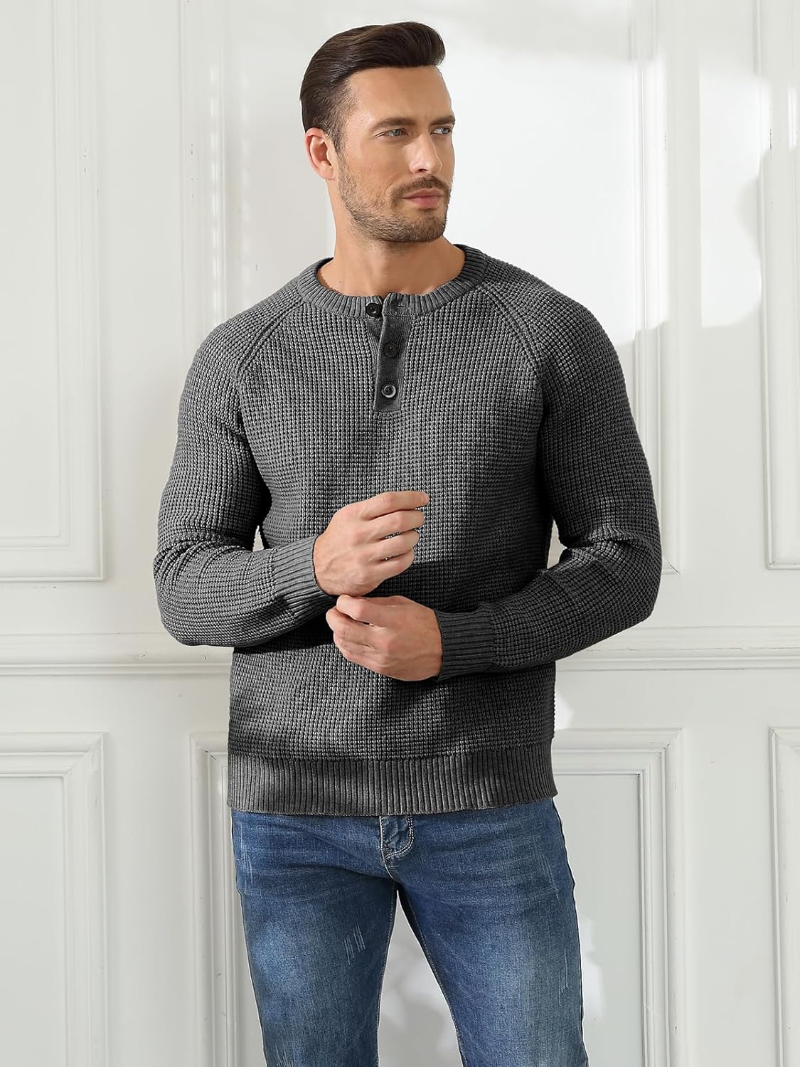 RQP Men's Henley Sweater Long Sleeve Button Crewneck Sweater Knit Sweater Casual Waffle Texture Pullover Sweater - Image 4