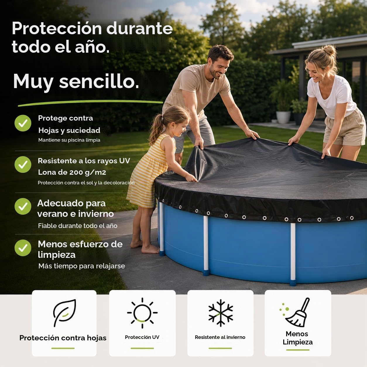 Cubierta de piscina redonda – Lona extra fuerte de 200 g/m² – Cubierta solar resistente a los rayos UV para verano e invierno – Lona de piscina resistente en color negro (366 – 400 cm (Ø 460 cm)