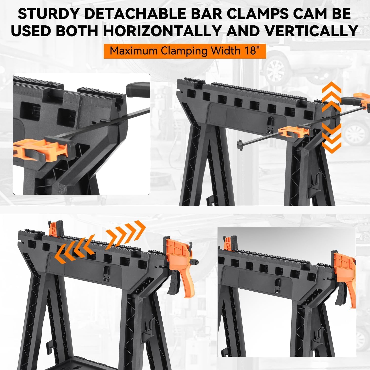 Folding Saw Horses 2 Pack Power Tool Stands Max Capacity Load 2200 LBS Heavy Duty Clamping Sawhorse Set Lightweight Portable Sawhorses Assembly Plastic Sawhorse for Garage Workshop Workbenches