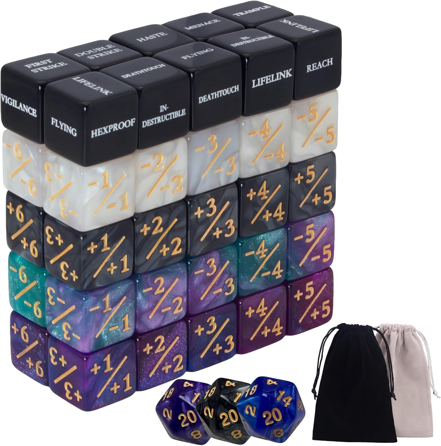 53 Pieces MTG Dice Abilities Keywords Counters Set - Counters Bulk Creature Stats Buff Tokens Magic The Gathering with 2 Dice Bags for MTG,TCG,Card Games Accessories