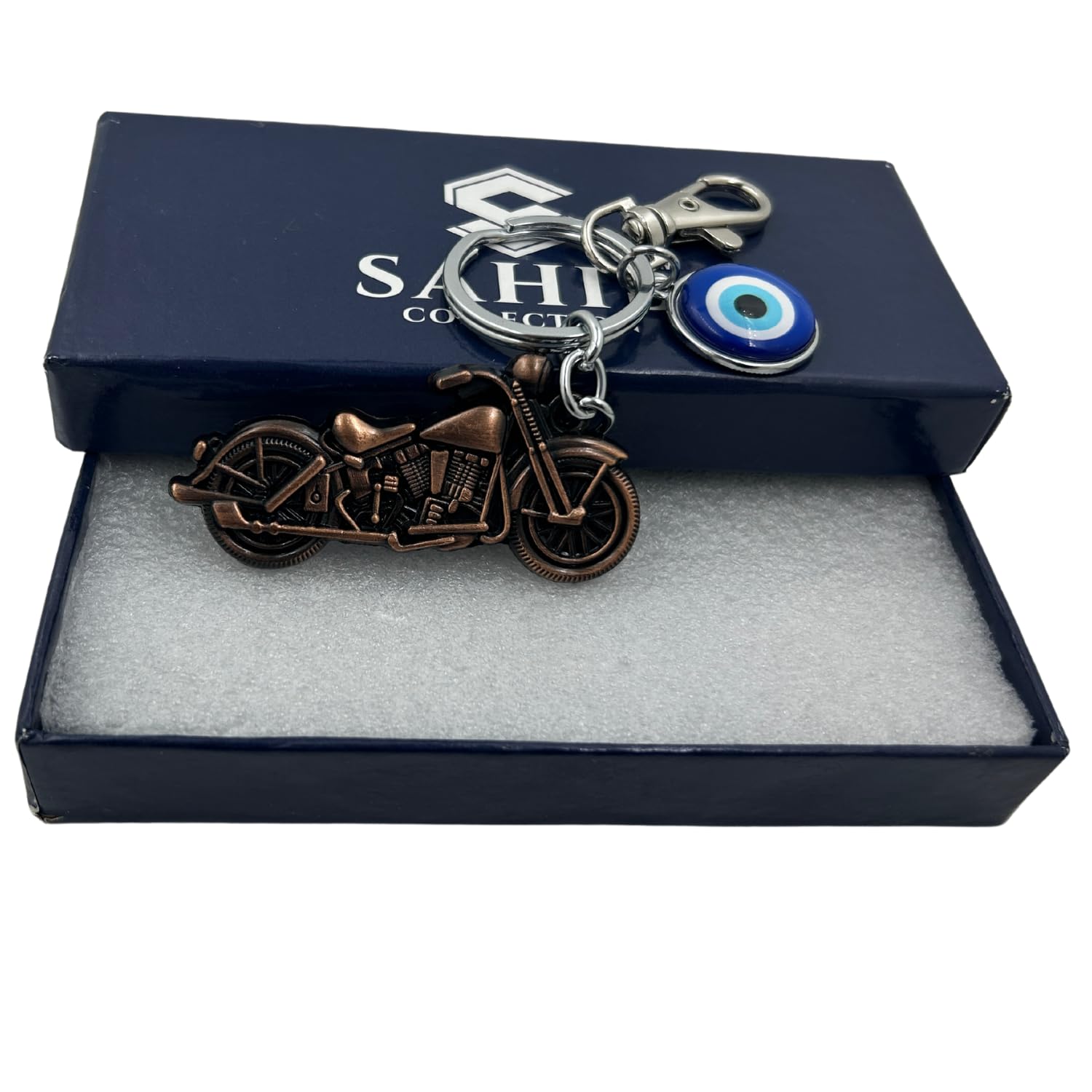 Sports Bike Copper With Smiley Evil Eye Metal Keychain With Hook (Pack-1)