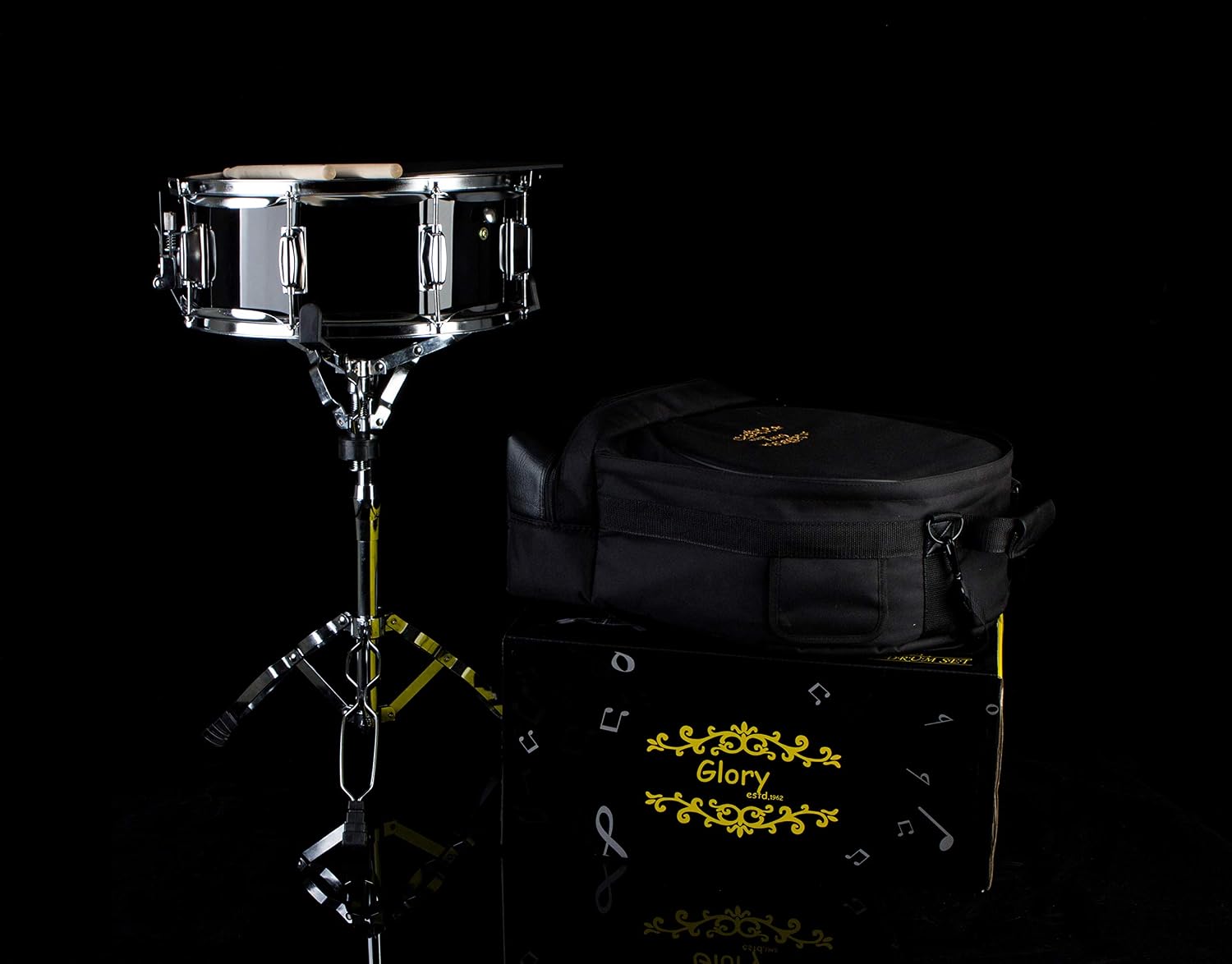 Glory Snare Drum Set With Case, Snare Drum Stand, Sticks, Practice Pad and Strap, for Beginners and Students,-Black