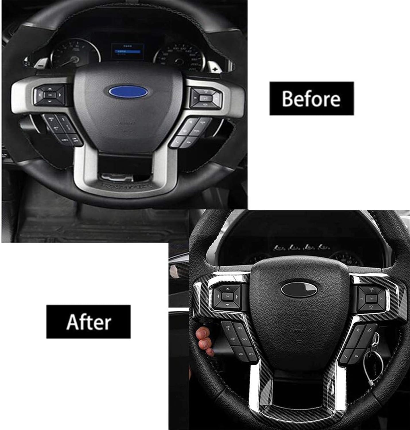 Car Steering Wheel Cover Trim Decoration Kit for Ford F-150 F150 2015-2019,2017-2019 F250 F350 Accessories 2pcs Carbon Fiber Grain